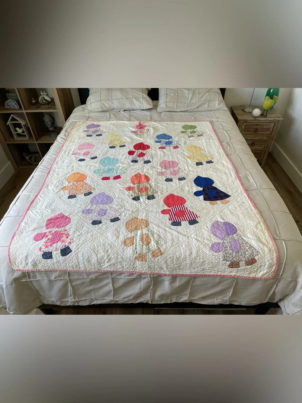 Vintage 1930s Sunbonnet Sue Quilt Hand Quilted Applique Feedsack Folk Art